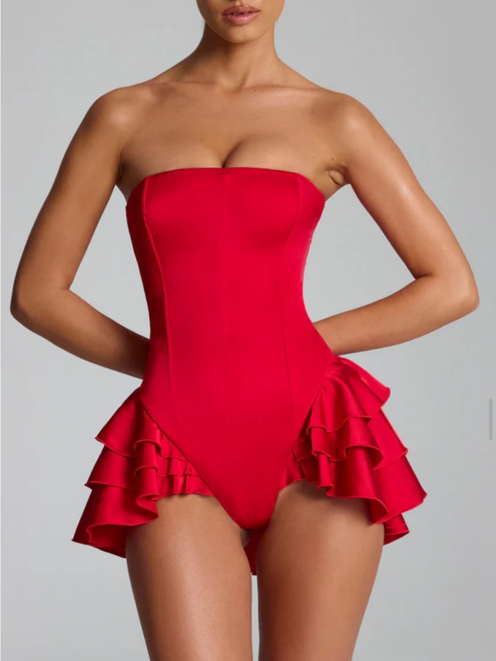 Oh Polly Red Strapless Ruffle Bodysuit